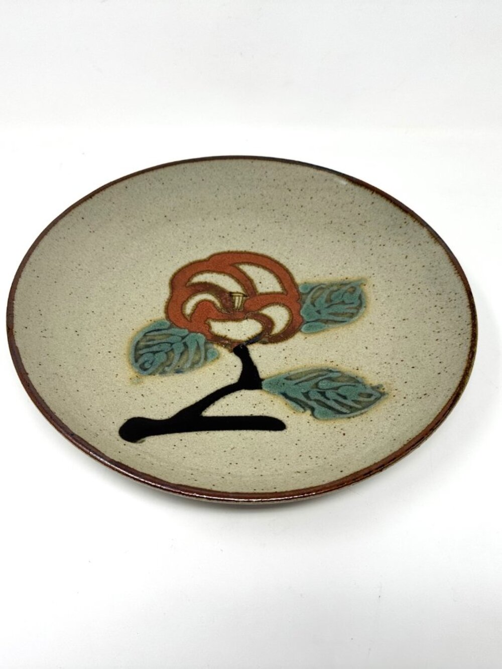 Vtg. Japanese Folk Art Stoneware Servring Plate Speckled Glaze Hand Painted Rose